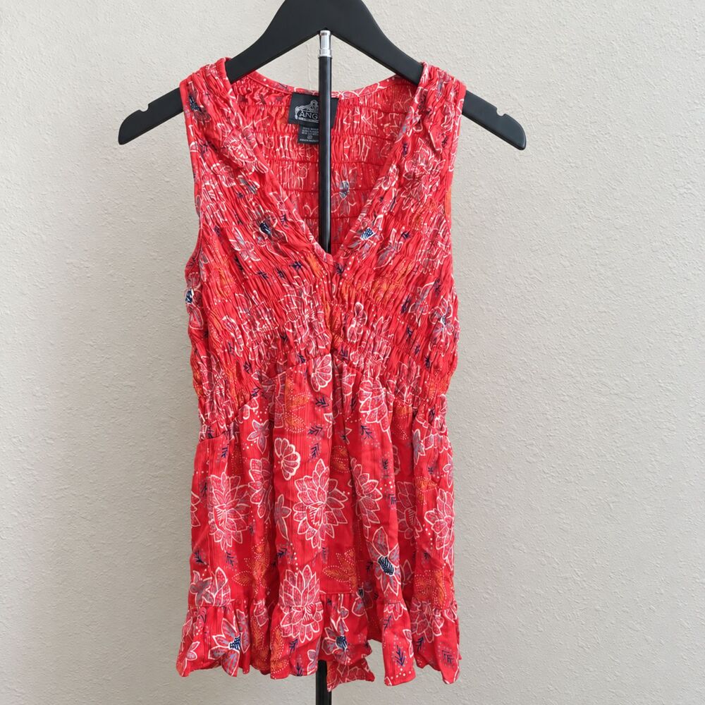 Angie Red Floral Smocked Babydoll Tunic Tank Top Medium
